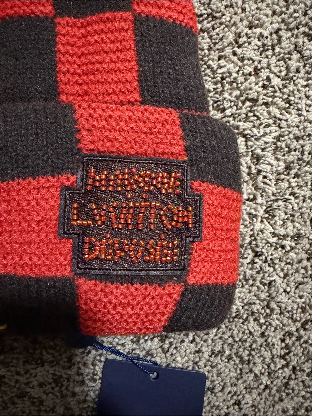 Louis Vuitton Red and Black Checker Knit Beanie with Beaded Logo Patch
